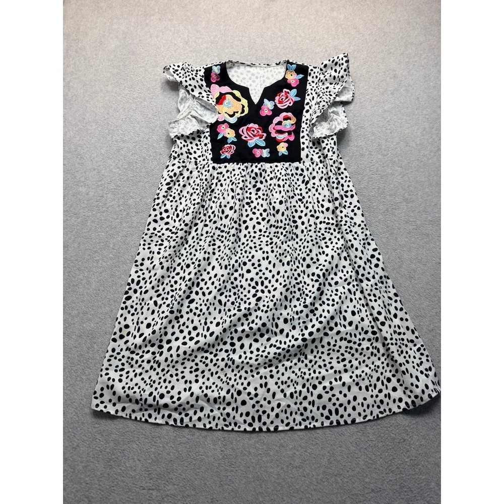 Boho Dalmatian Print Flutter Sleeve Midi Dress Floral Embroidered V-Neck White